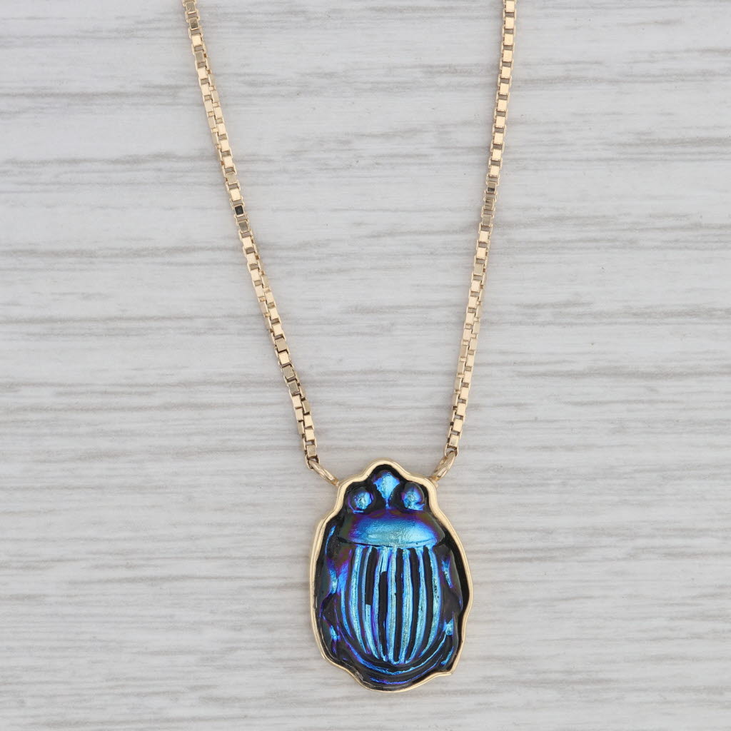 Carved Glass Rainforest Jewel Beetle Pendant Necklace 14k Gold 18.75 Box Chain