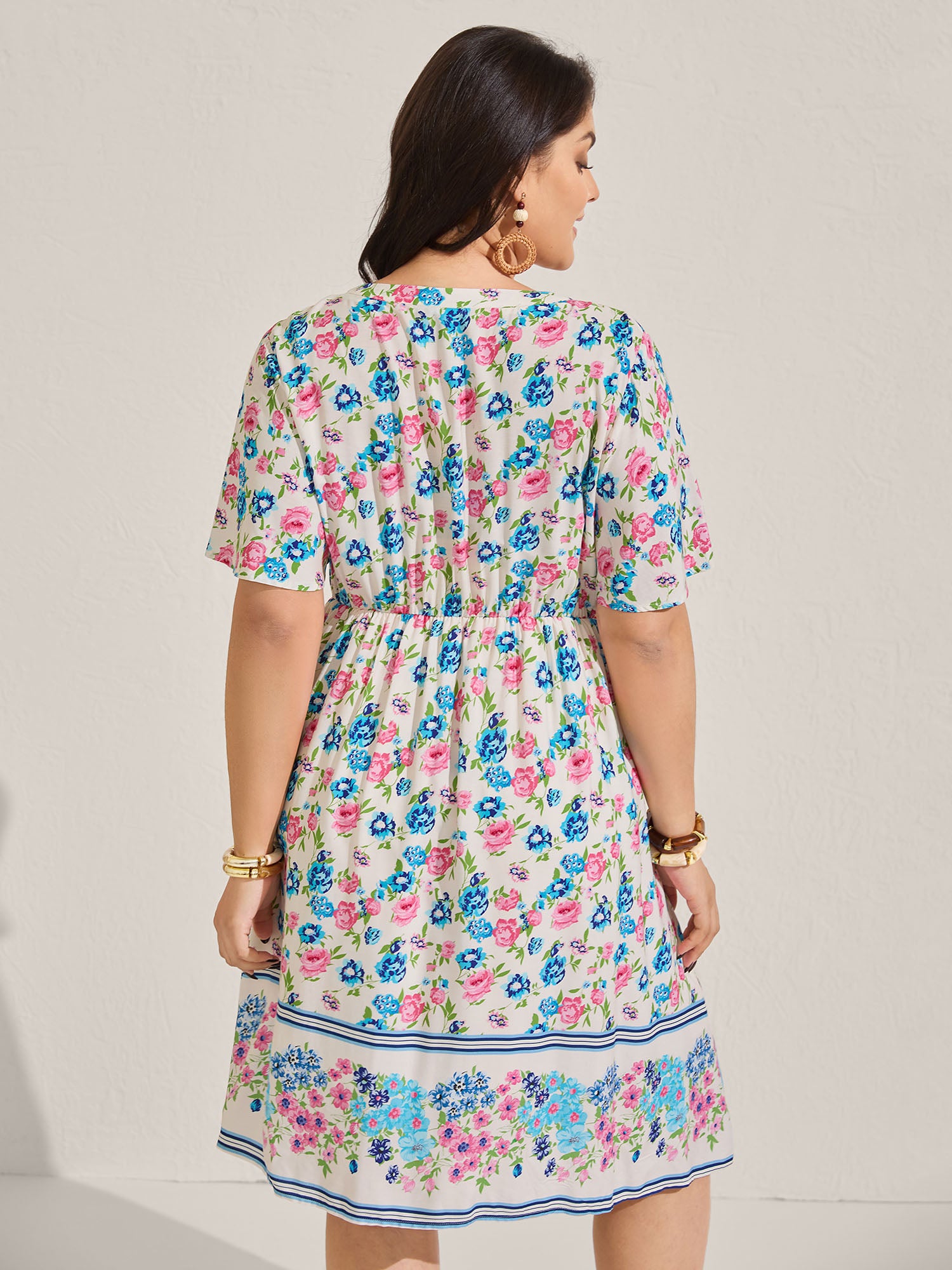 Rayon Floral Print Neck Tie Pockets Midi Dress