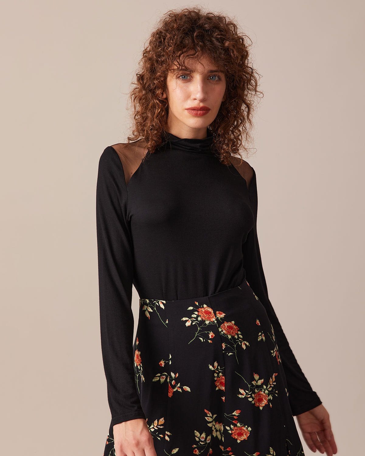 The Black Turtleneck Sheer Splicing Tee