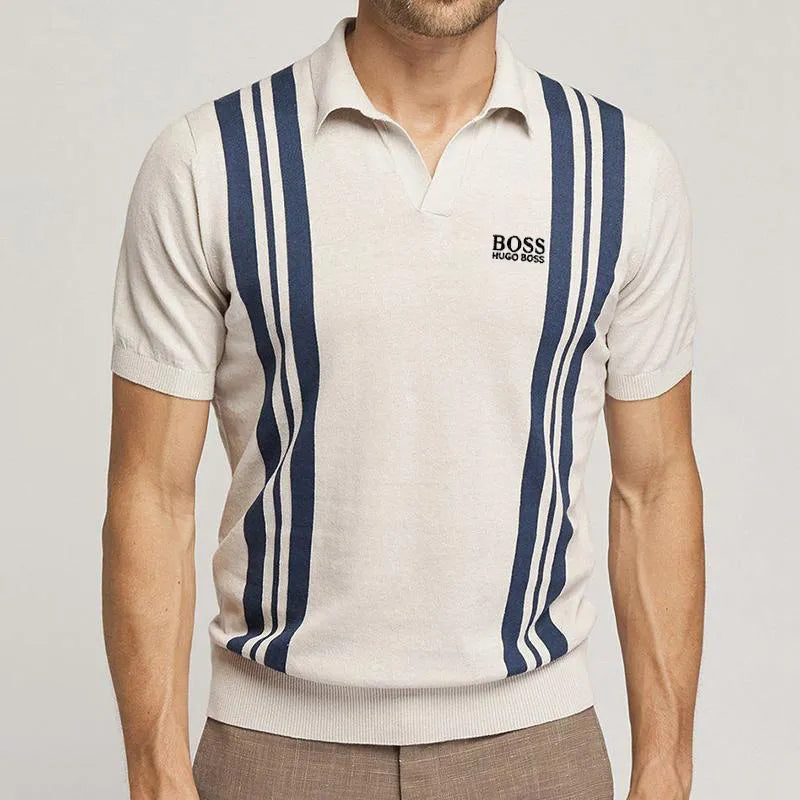 BOSS Men-s striped color block casual short-sleeved polo shirt