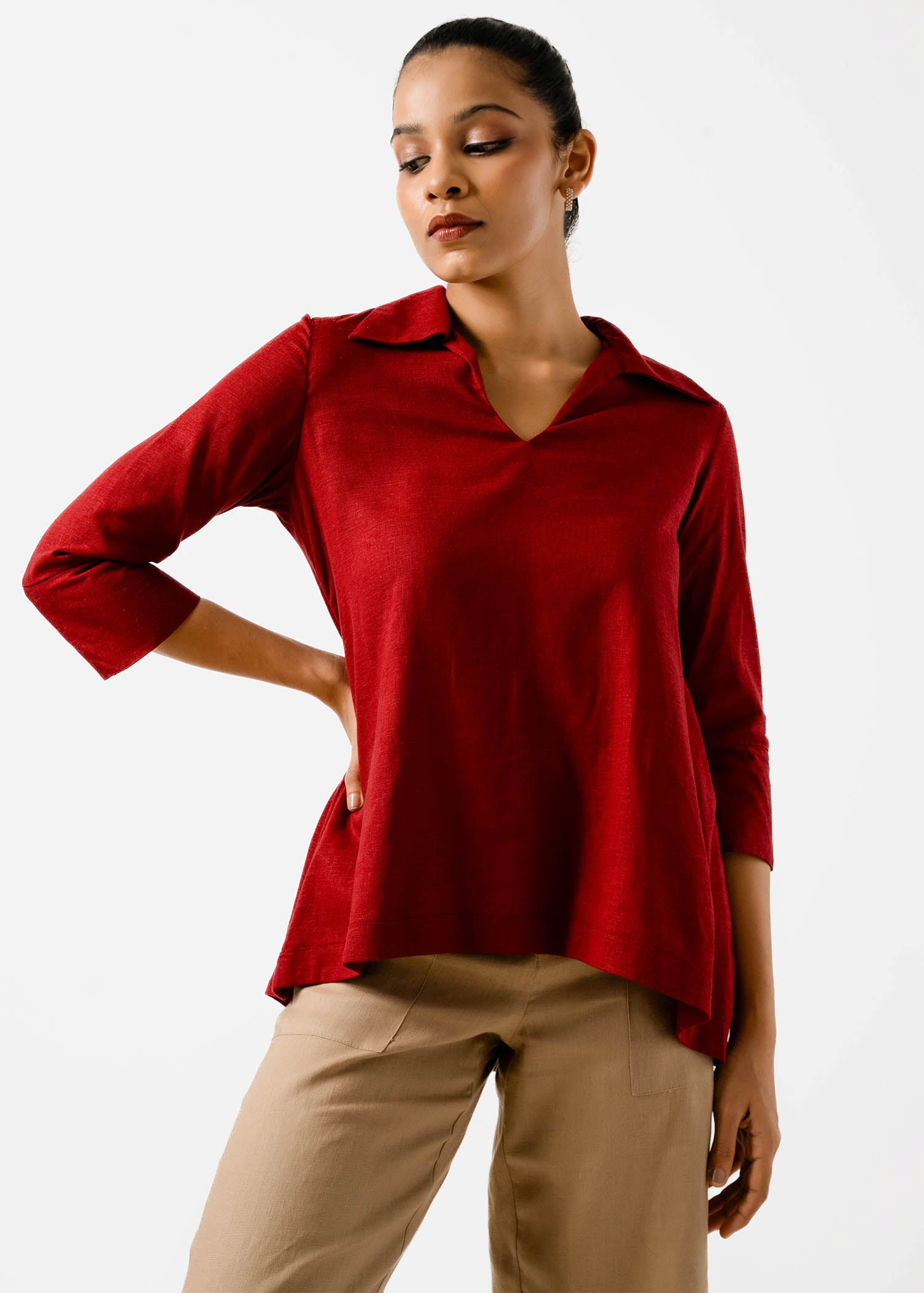 Three Quarter Sleeve Blouse With Collar