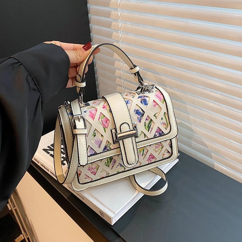 Women's Small Pu Leather Printing Elegant Square Magnetic Buckle Handbag