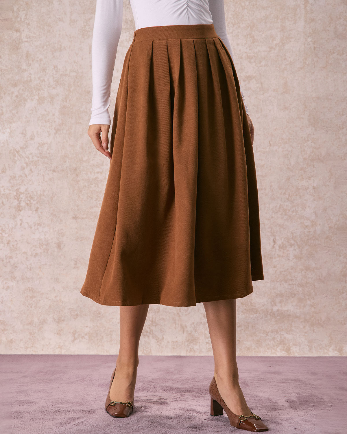 The Brown Elastic Waist Pleated Midi Skirt