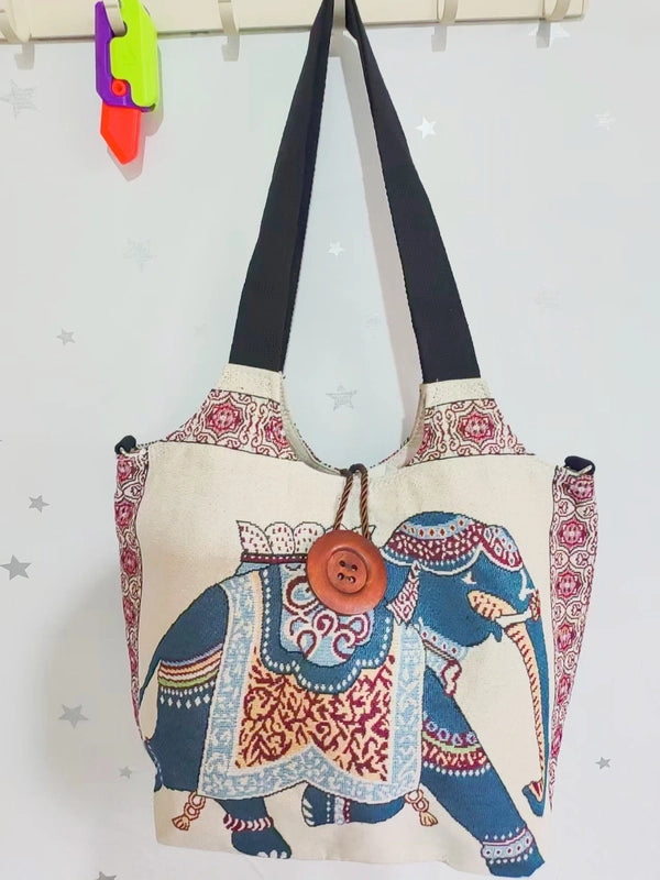 Women's Large Canvas Elephant Ethnic Style Square Zipper Shoulder Bag