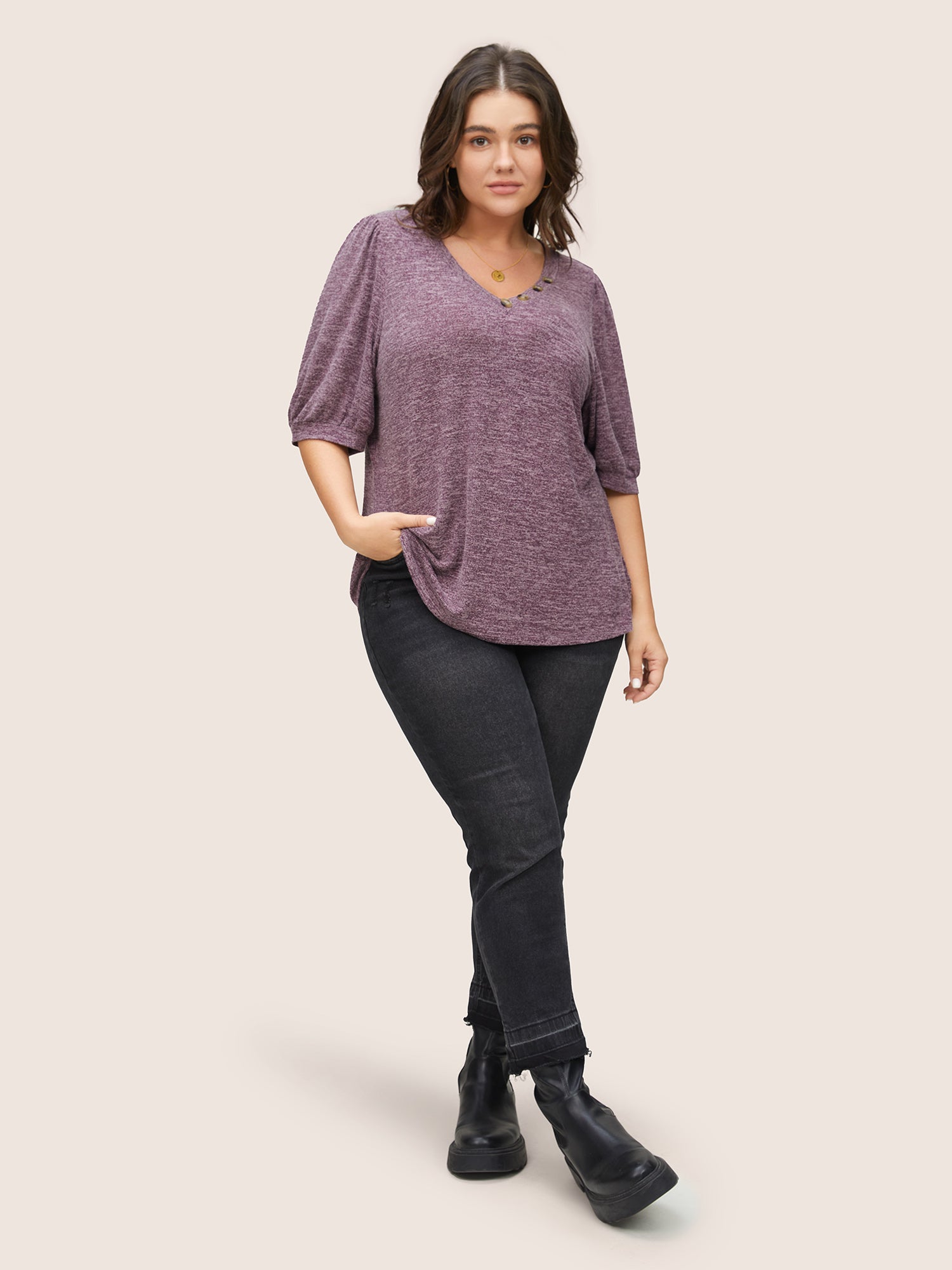 Heather Button Detail Puff Sleeve T-shirt