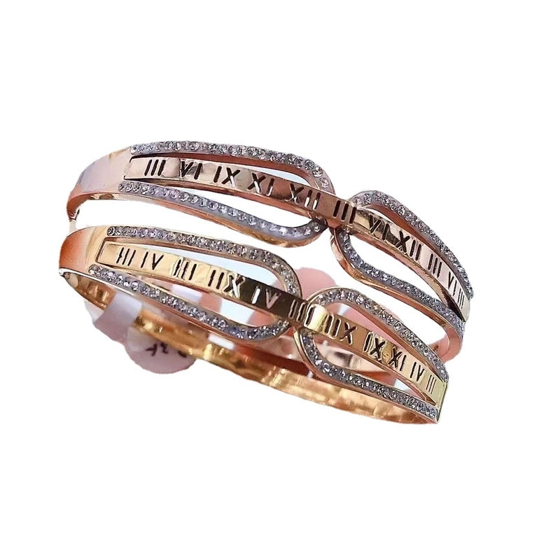Minimalist Roman Style Round Titanium Steel Inlay Zircon Bangle
