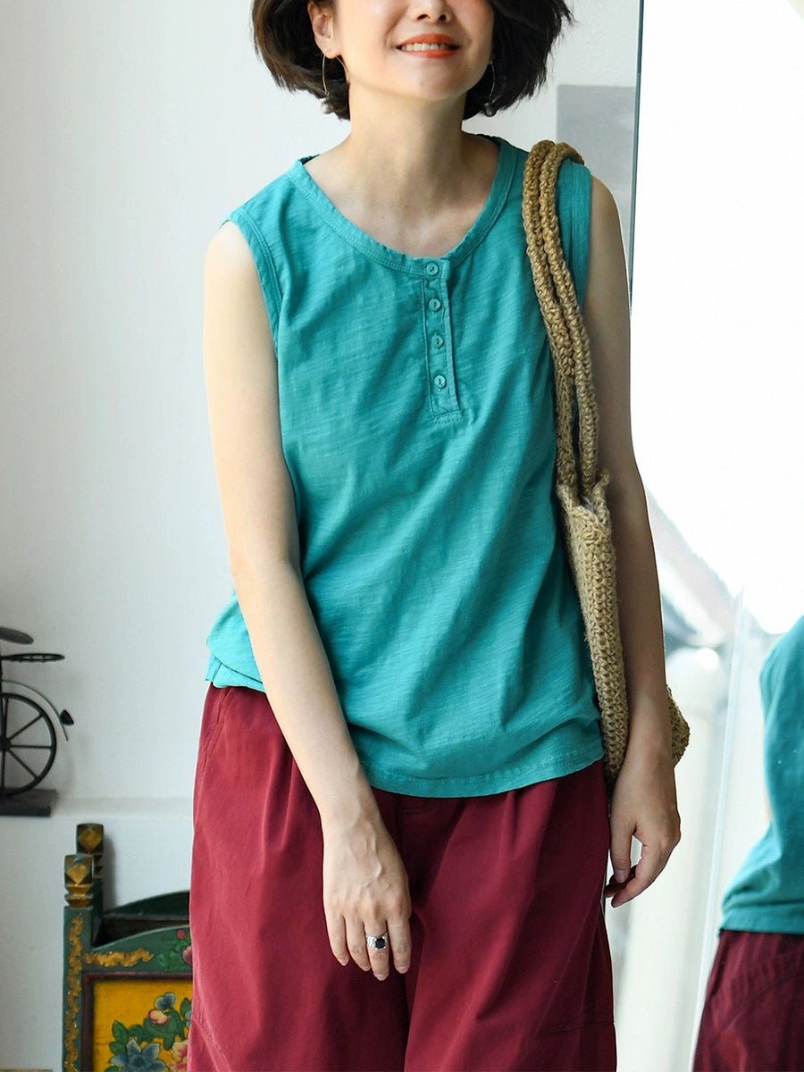 Women Summer Pure Color O-Neck 100%Cotton Vest
