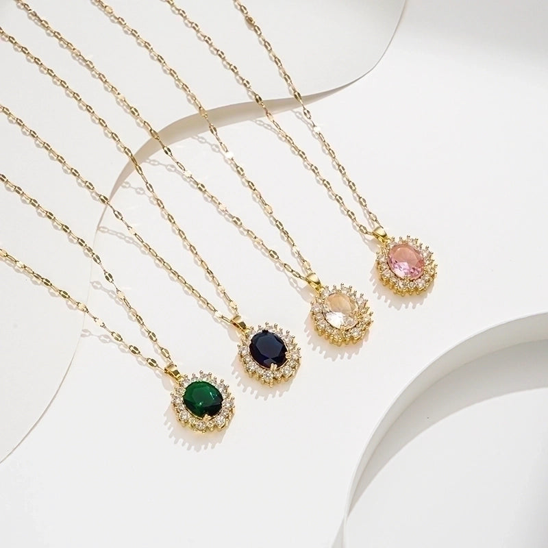 Glam Oval Stainless Steel Plating Inlay Zircon 18k Gold Plated Pendant Necklace