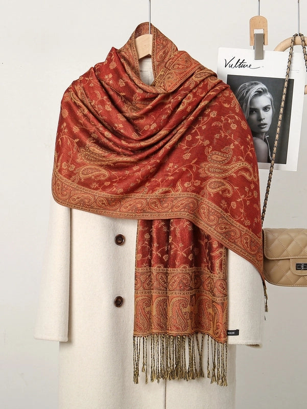 Women's Pastoral Cashew Nuts Flower Polyester Tassel Scarf