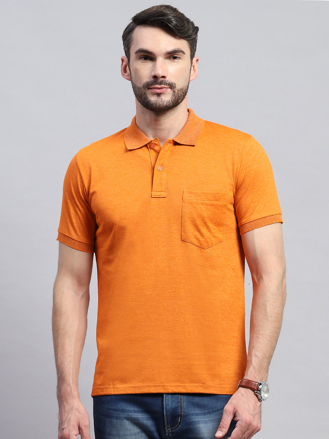 Men Orange Solid Collar Half Sleeve T-Shirt