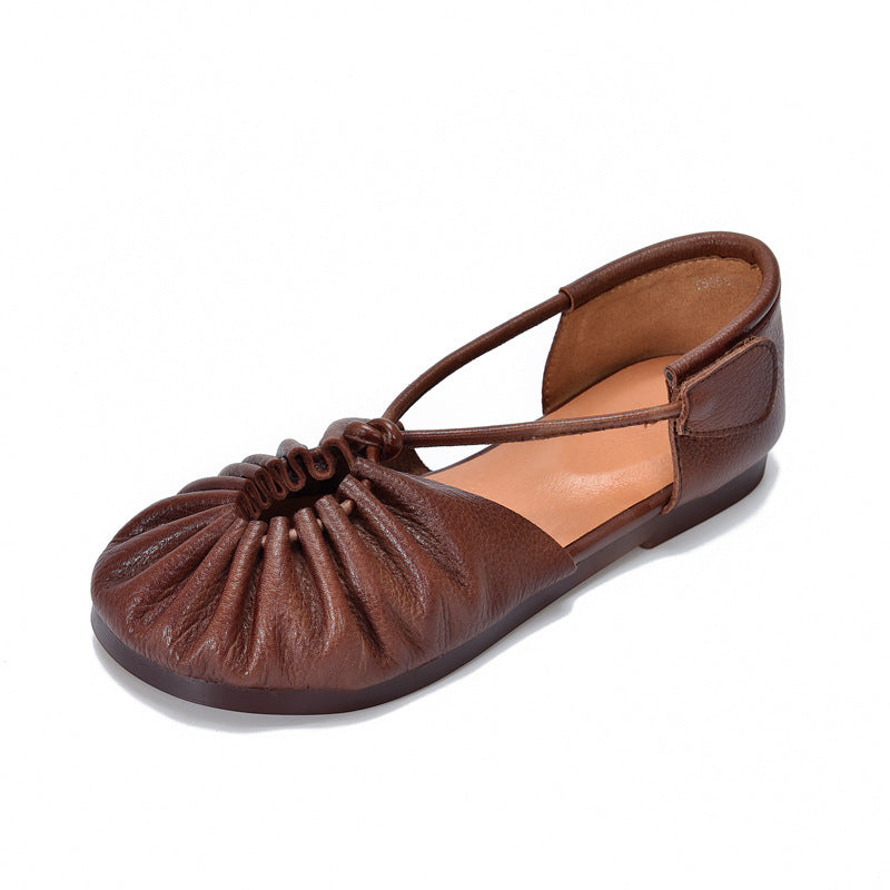 Soft Leather Flat Sandals Wrinkled Closed Toe X-Strap Casual Shoes with Velcro Design in Coffee1/Coffee2/Grey/Khaki