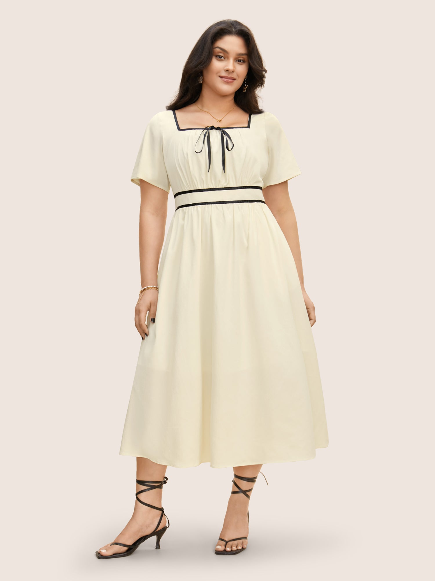 Contrast Trim Tie Knot Elastic Waist Dress