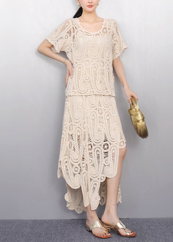 Women Beige O-Neck Lace T Shirt And Maxi Skirts Two Piece Set Short Sleeve