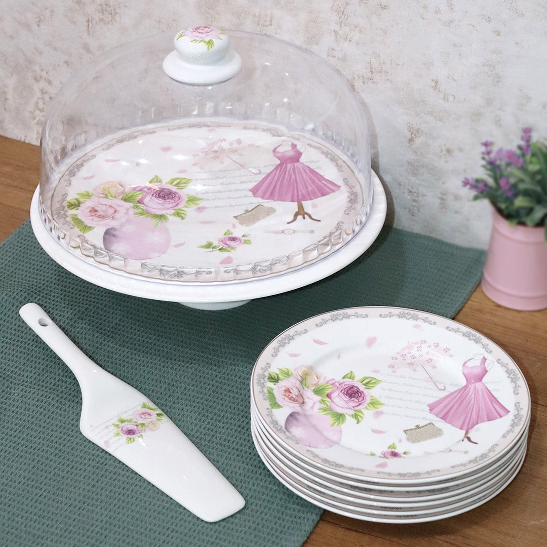 Pink Flowers Porcelain Cake Stand & Plates Set (9pcs)