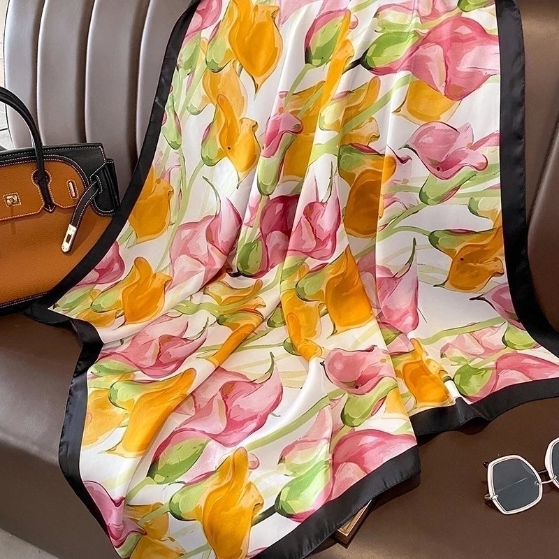Women's Elegant Flower Satin Silk Scarf