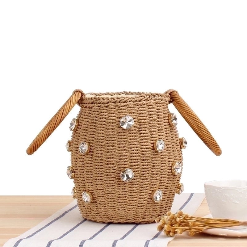Women's Small Spring&summer Straw Solid Color Vacation Bucket String Straw Bag