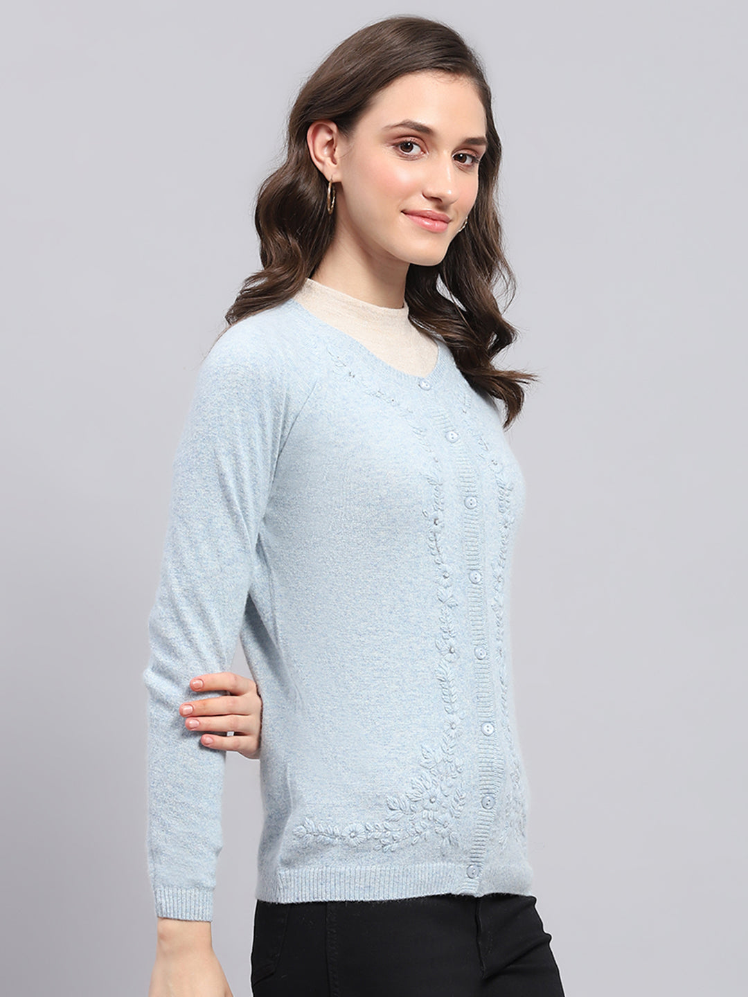 Women Sky Blue Solid Round Neck Full Sleeve Cardigan