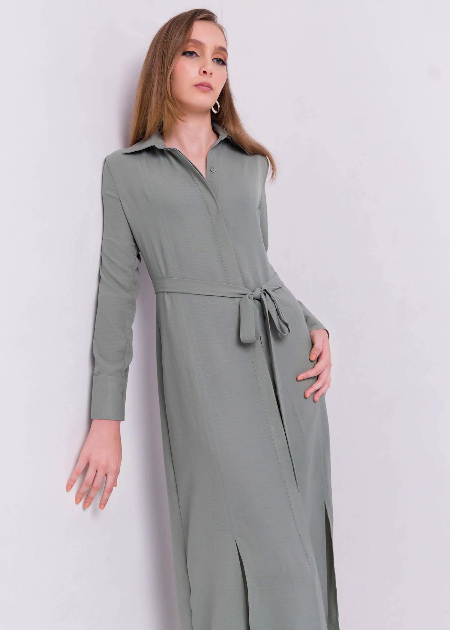 Midi Dress With Slits And Belt