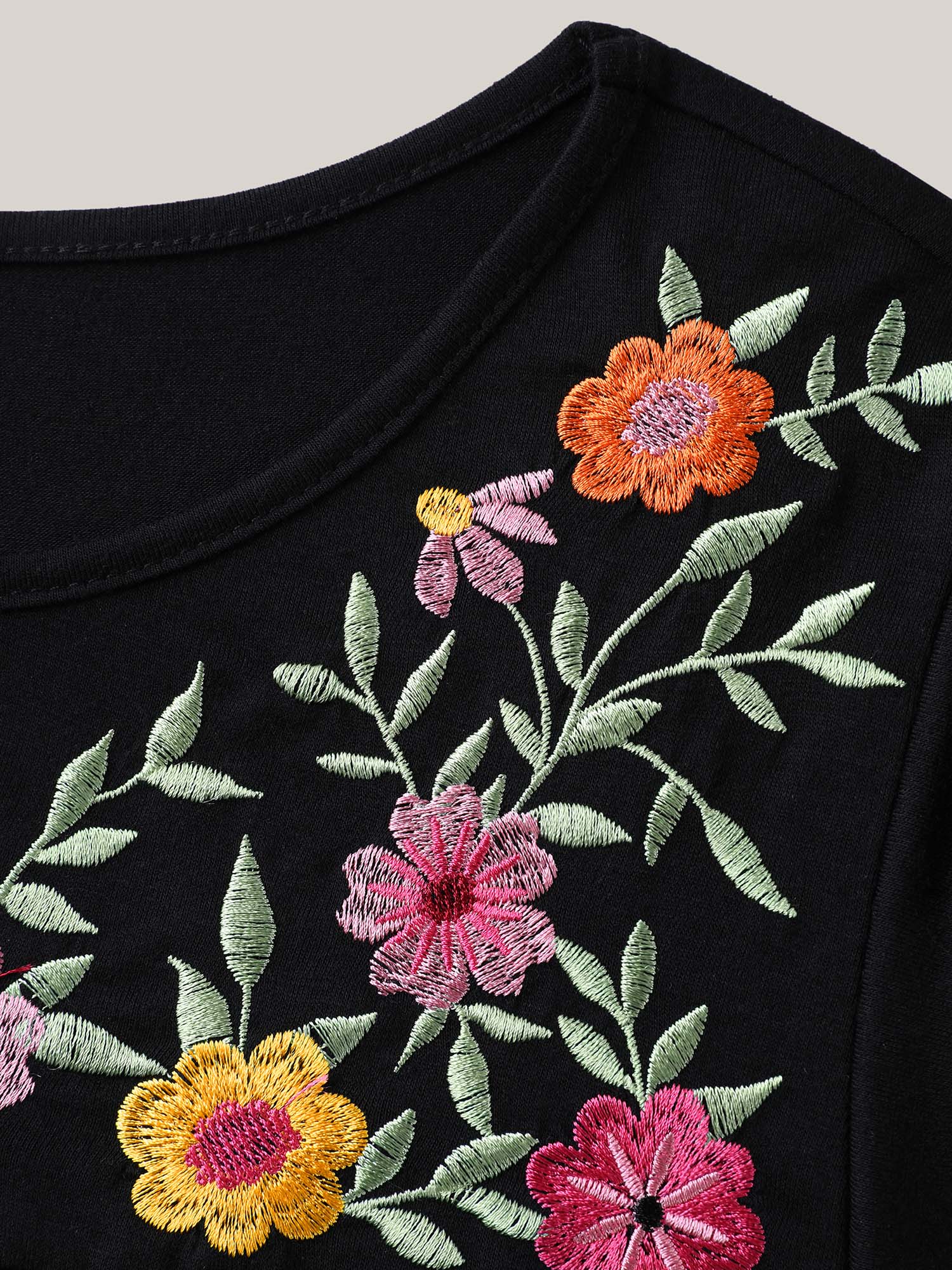 Floral Embroidered Neckline Flared Sleeve Top