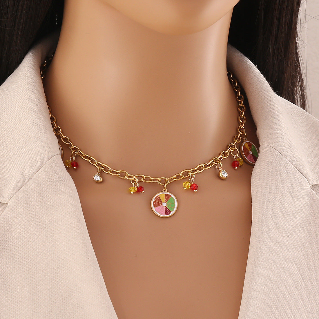 Fruit Watermelon Pineapple Pendant Necklace Colored Crystal Necklace N1524