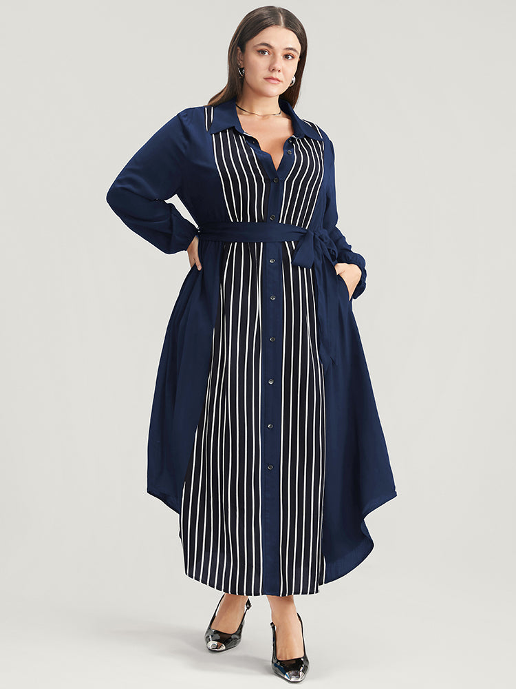 Striped Contrast Pocket Button Detail Belted Dress