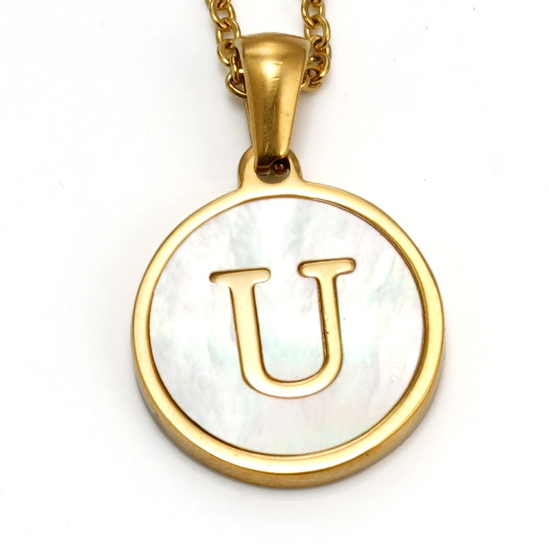 Elegant Round Letter Titanium Steel Inlaid Shell Necklace