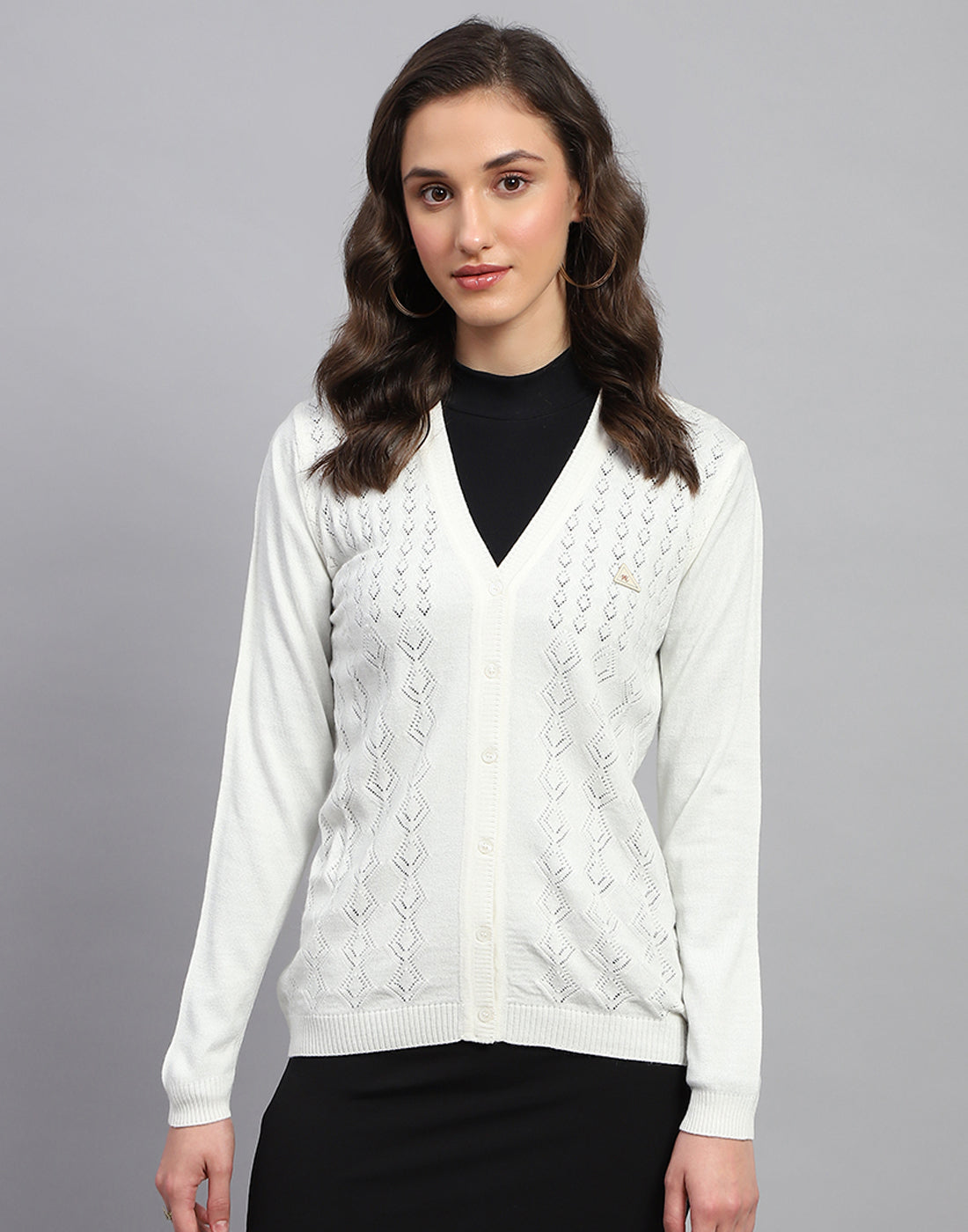 Women White Self Design V Neck Full Sleeve Cardigan