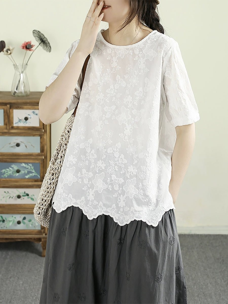 Women Summer Embroidery Wave Hem 100%Cotton Shirt