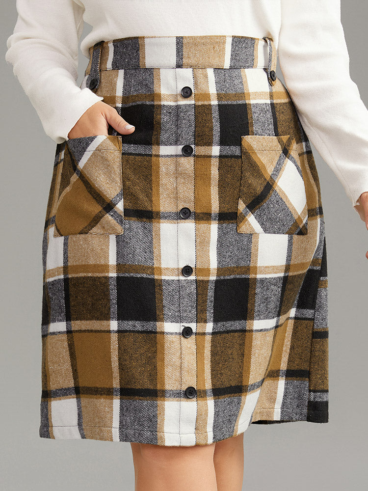 Plaid Button Detail Patched Pocket Skirt