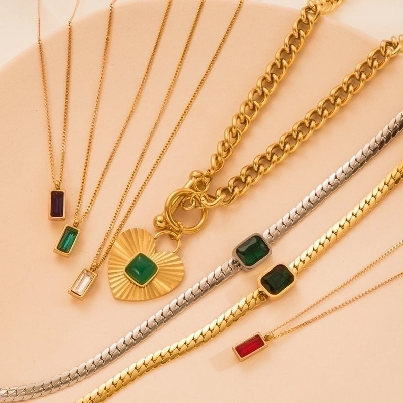 Fashion Heart Shape Rectangle 304 Stainless Steel Hollow Out Inlay Stainless Steel Necklaces