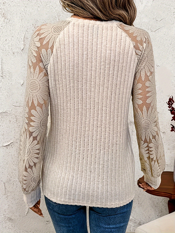 Long Sleeves Loose See-Through Split-Joint Round-Neck T-Shirts Tops