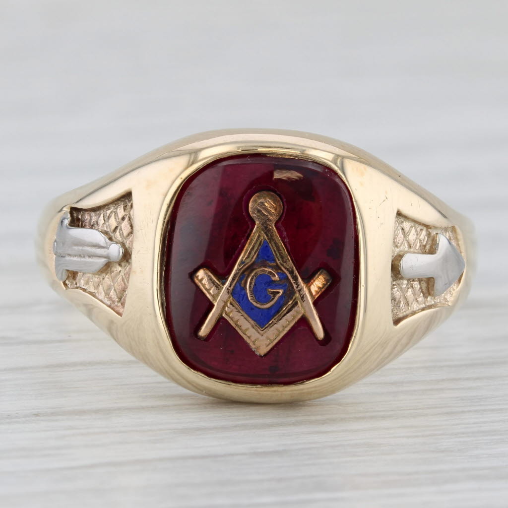 Masonic Square Compass Signet Ring 10k Gold Lab Created Ruby Vintage Blue Lodge