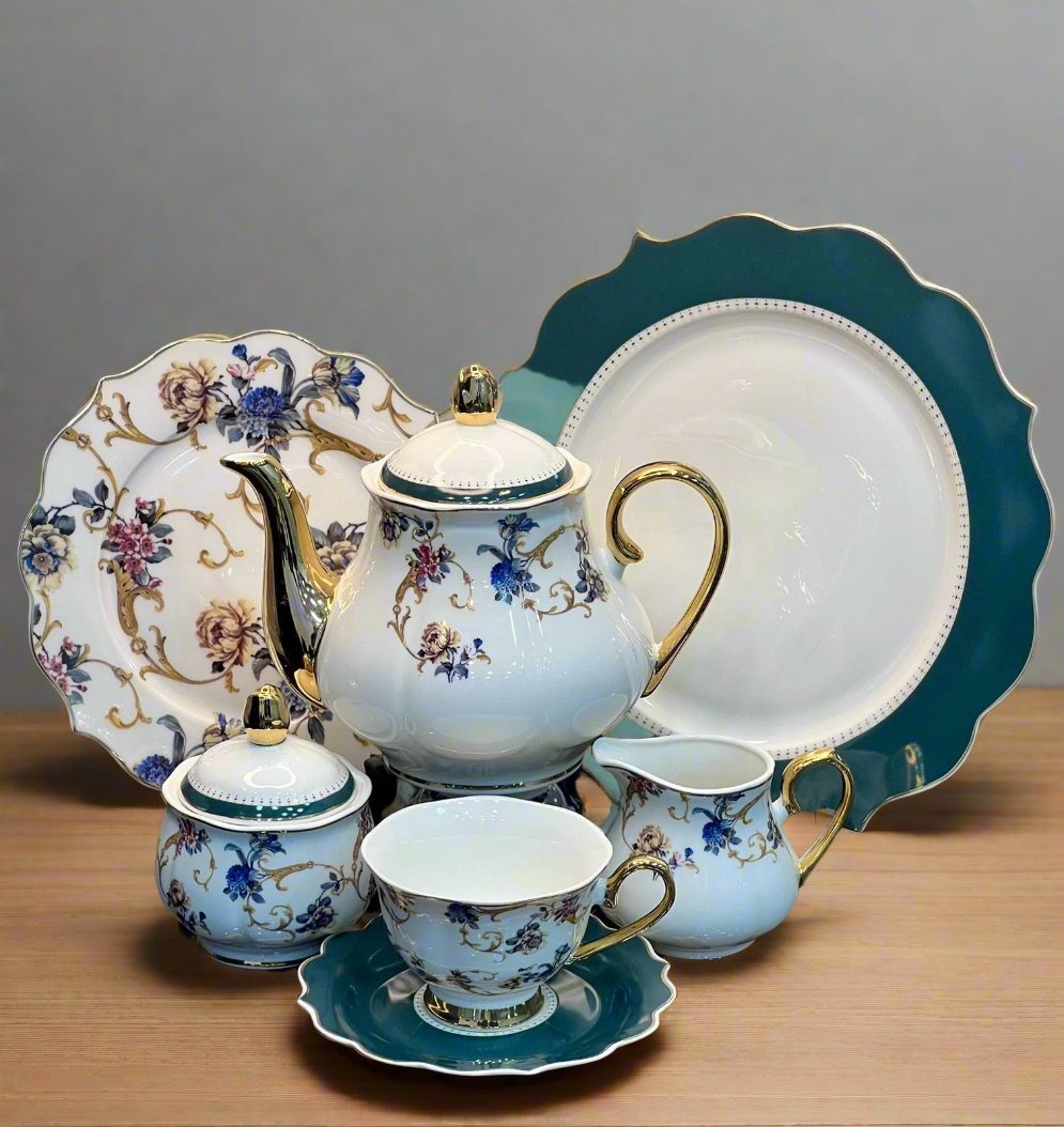 24PCS FINE BONE CHINA TEA SET (GREEN FLORAL STYLE)