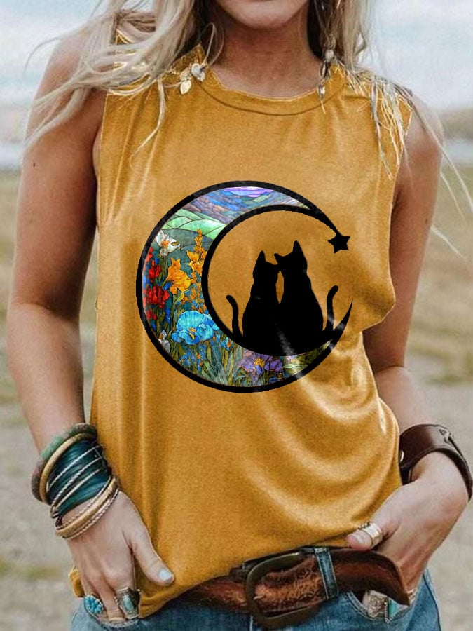 Women's Art Moon Cat Print Vest