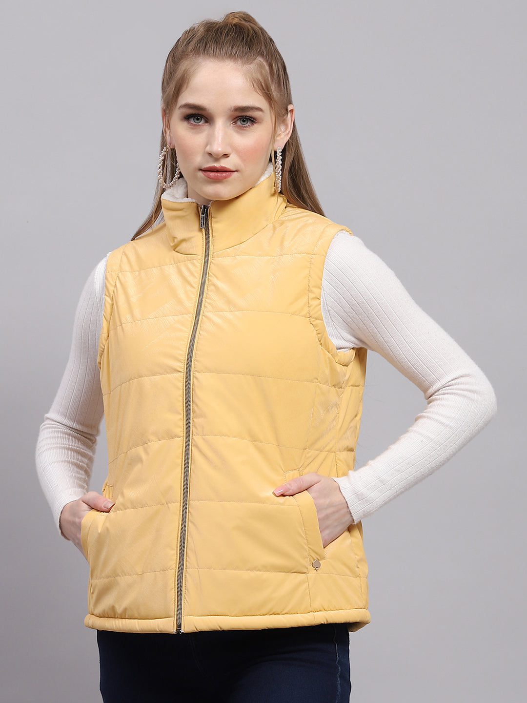 Women Yellow Solid Mock Neck Sleeveless Jacket