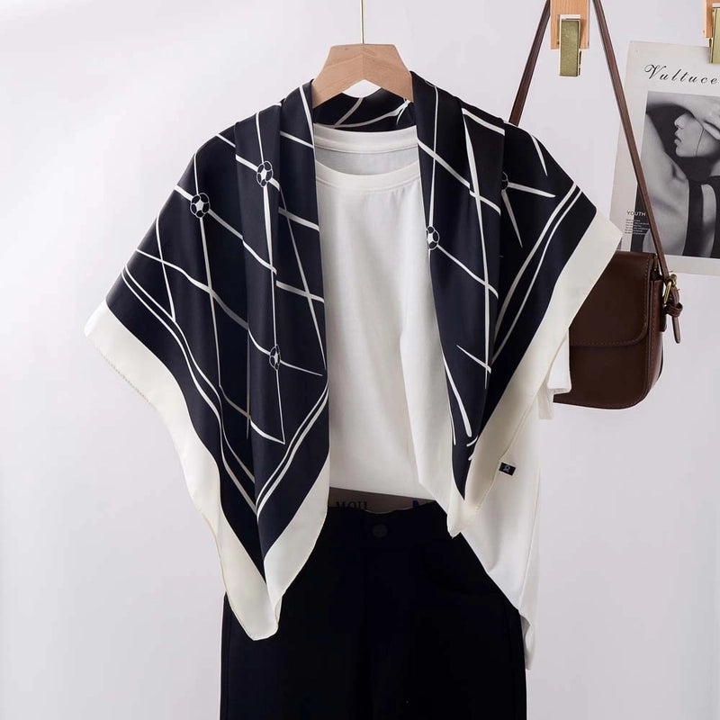 Women's Elegant Minimalist Stripe Flower Satin Silk Scarf