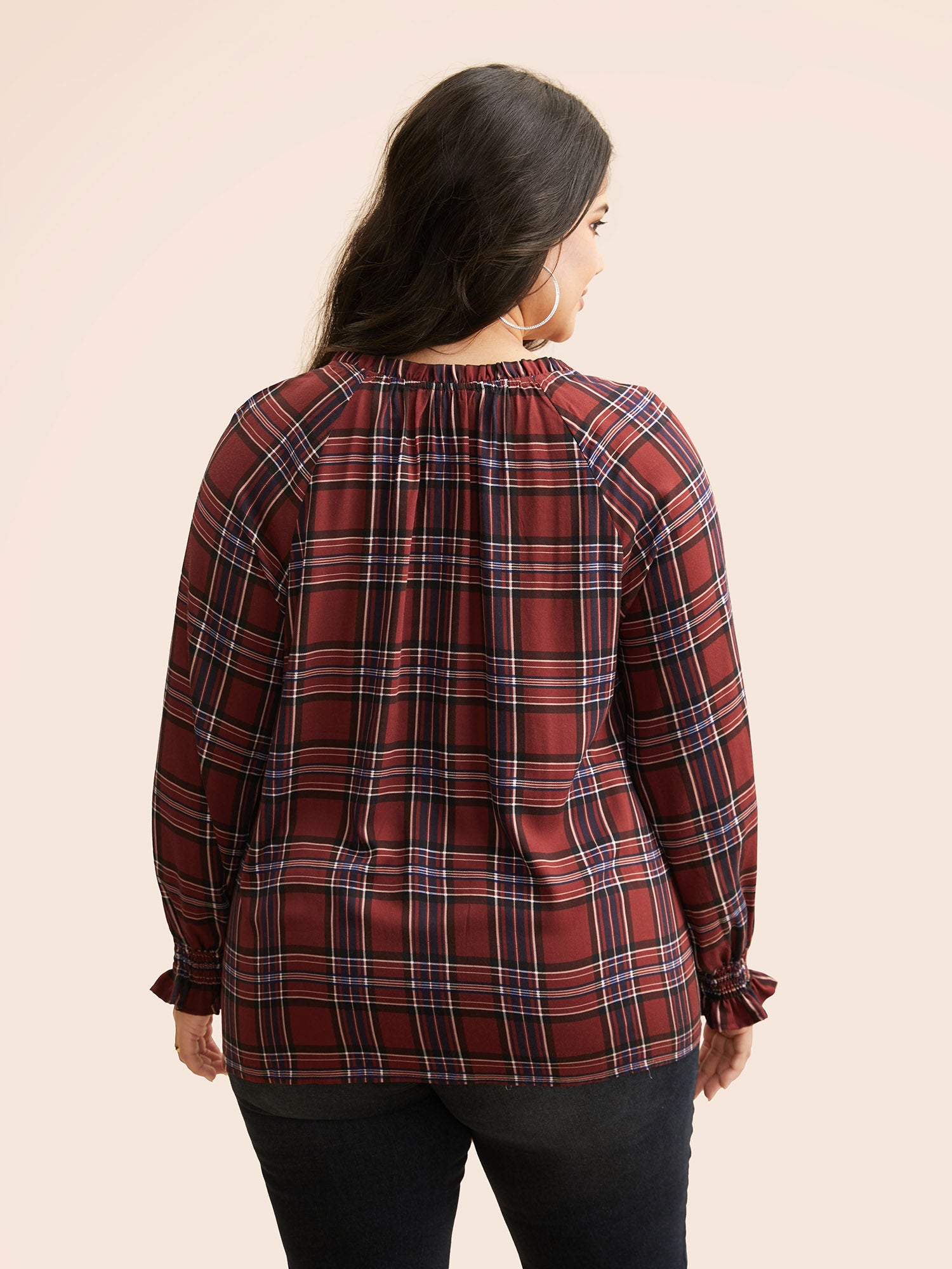 Plaid Contrast Webbing Ruffle Trim Blouse