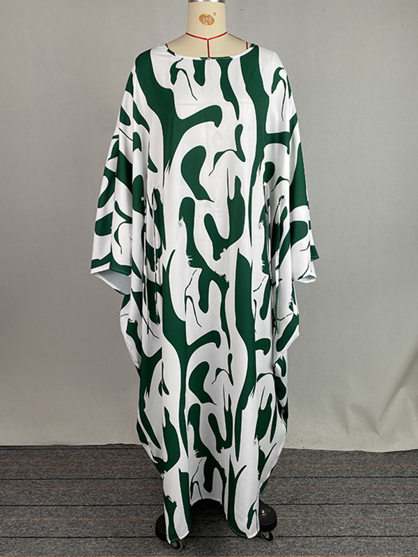 Batwing Sleeves Loose Contrast Color Printed Round-Neck Maxi Dresses