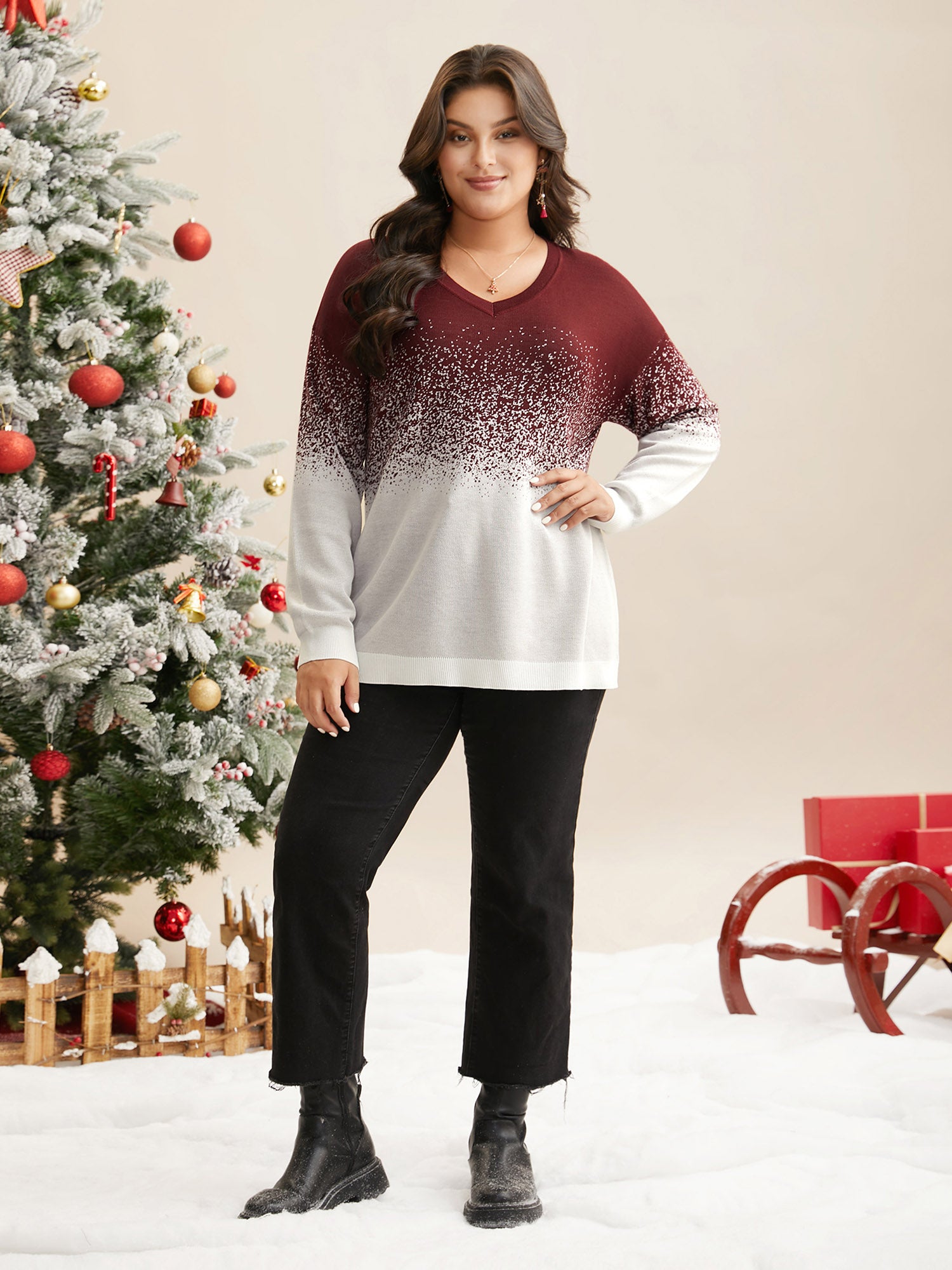 Holiday Gradient Jacquard Pattern V-neck Pullover