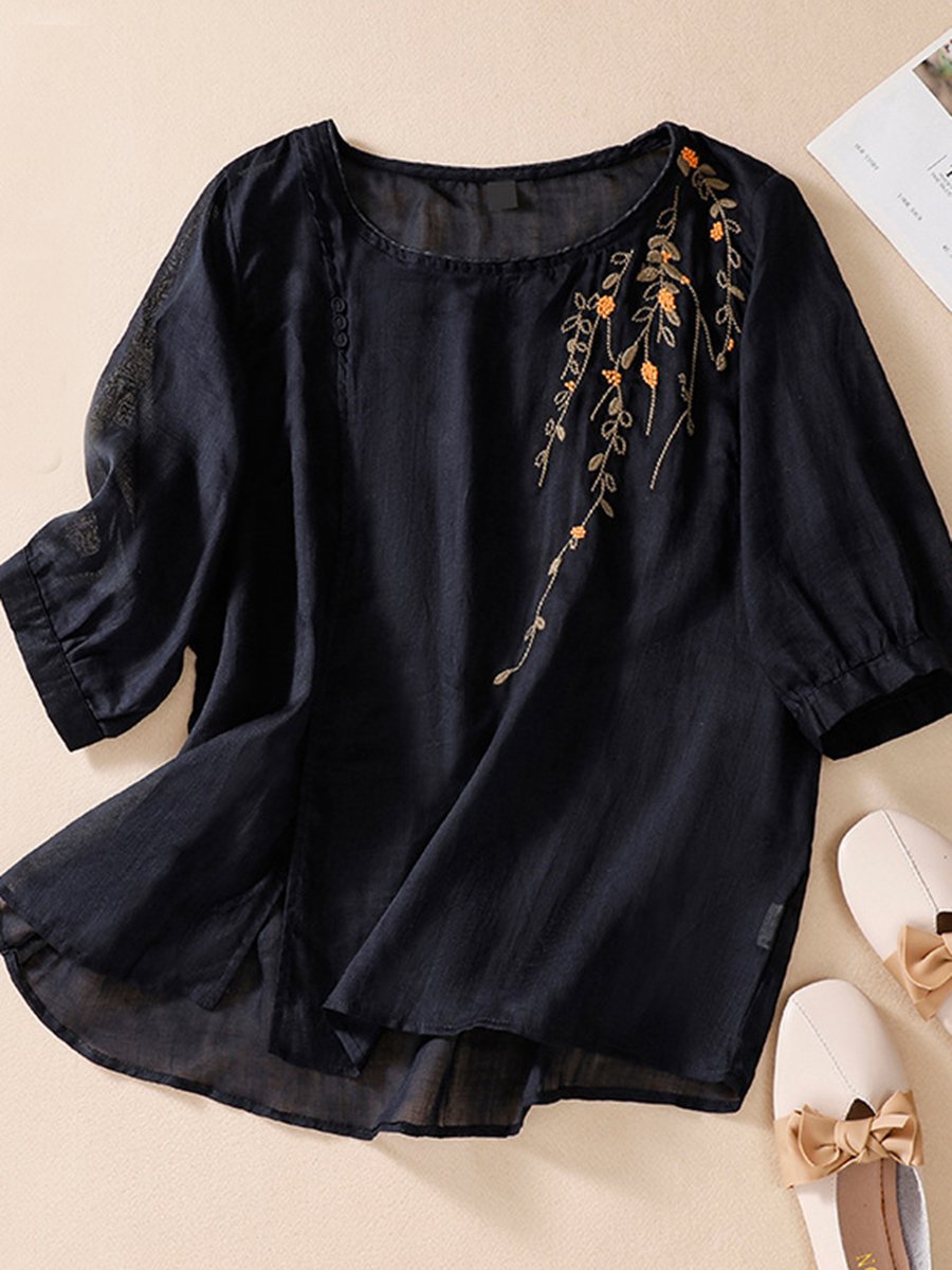 Embroidered Art Cotton And Linen Loose Pullover Top