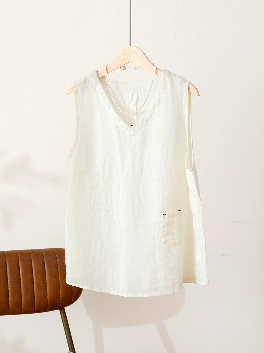 Women Summer Casual Pure Color 100%Linen V-Neck Vest