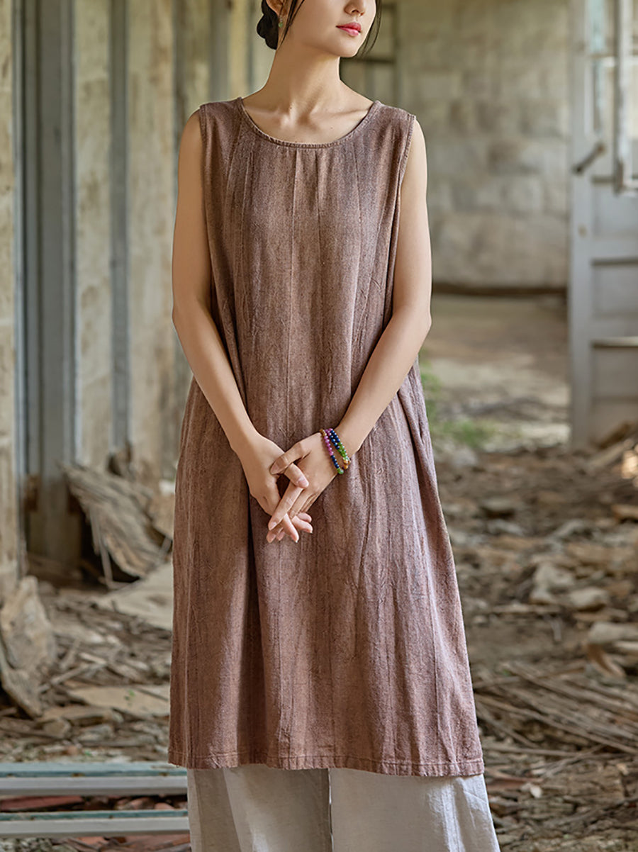 Women Summer Pure Color O-Neck Linen Vest Dress