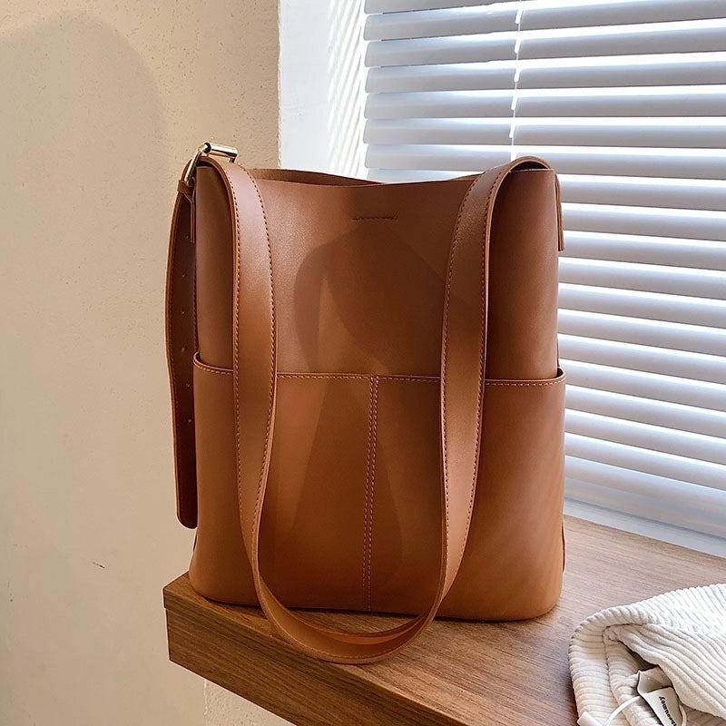 Women's Large Pu Leather Solid Color Basic Open Tote Bag
