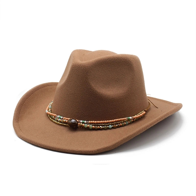 New Curling Cowboy Hat Western Ethnic Style Tibetan Felt Hat Colorful Bead Rope Accessories Knight Hat Fashion