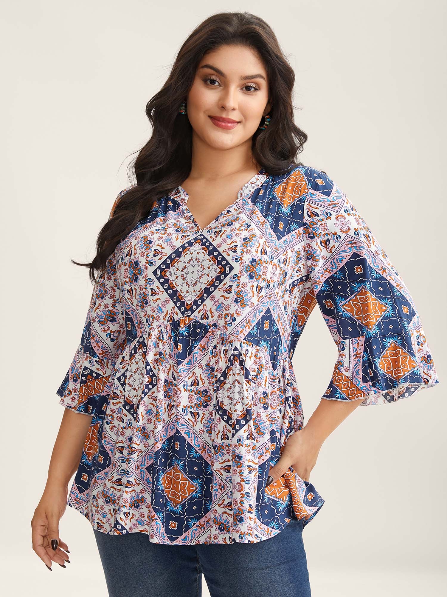 Boho Collage Print Notched Babydoll Top
