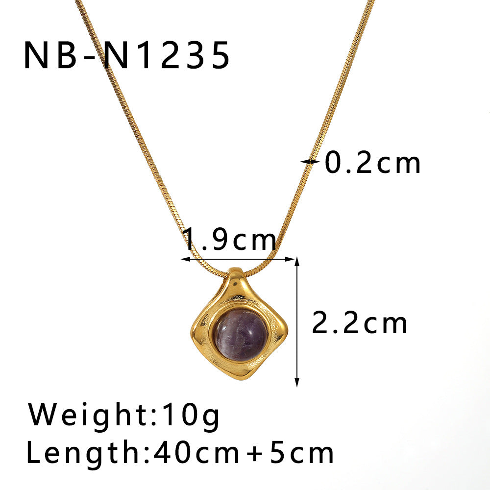 French Retro Style Tiger Eye Turquoise Natural Stone Pendant Necklace Stainless Steel 18K Gold Plated Clavicle Chain