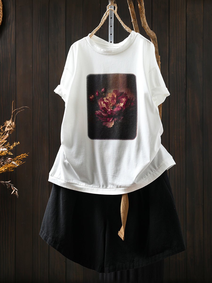 Women Summer Artsy Flower Print Cotton Shirt