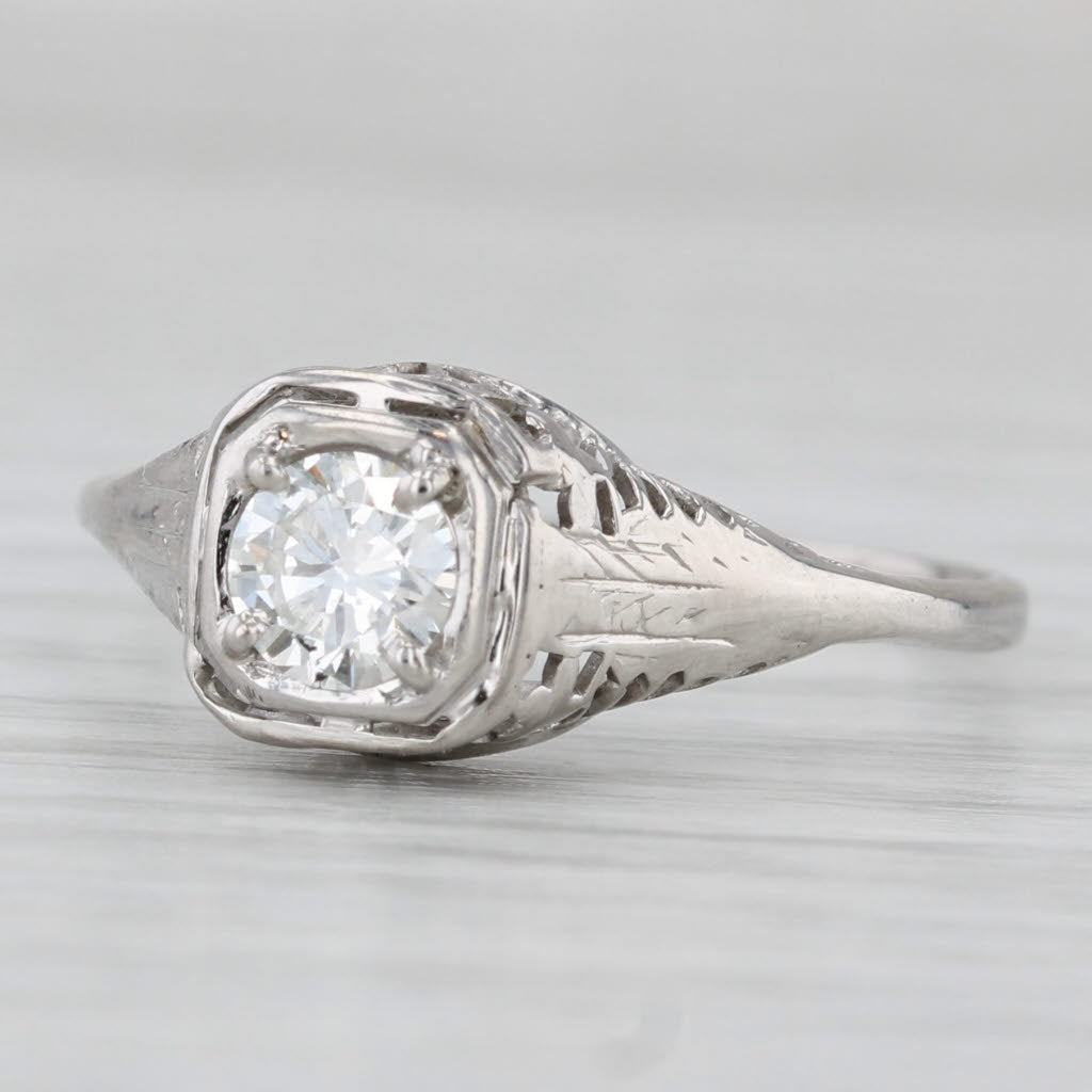 Art Deco 0.46ct Diamond Engagement Ring 14k White Gold Filigree Size 10 GIA