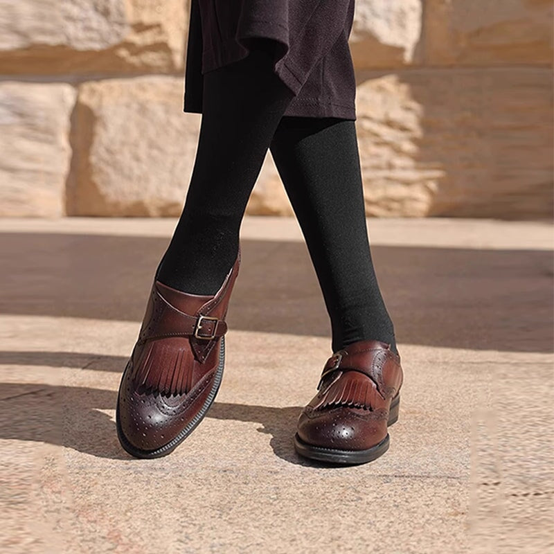 Handmade Leather Full Brogue Monk Strap Shoes For Women W Toe in Blue/Coffee