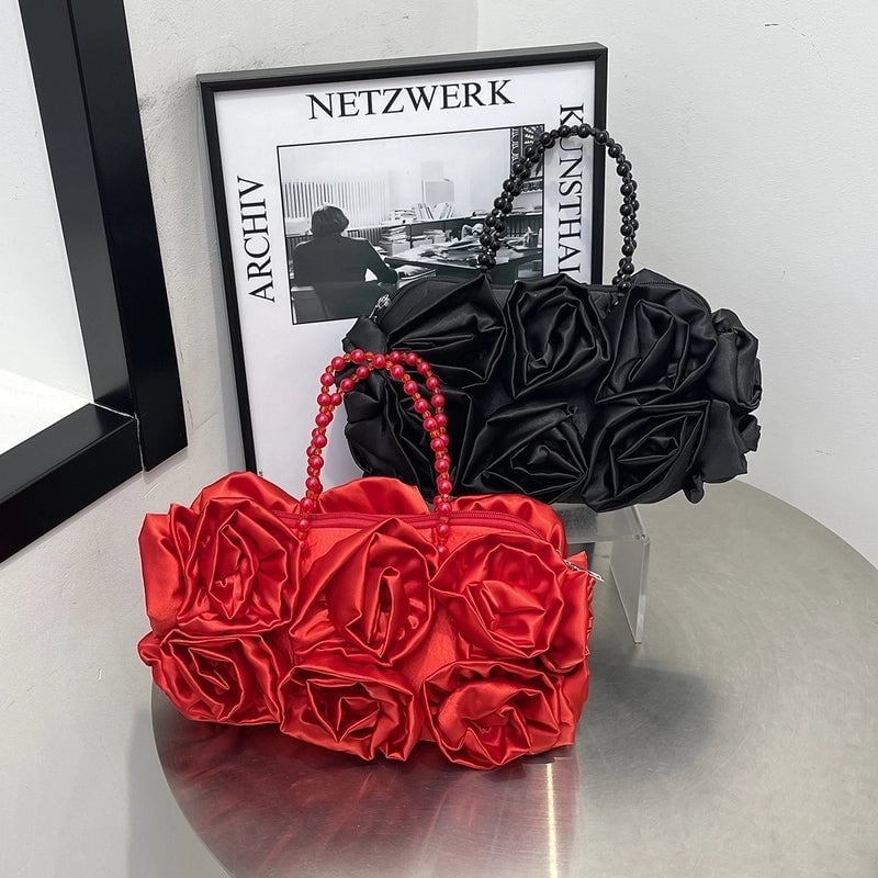 Black Red Lace Flower Pillow Shape Evening Bags